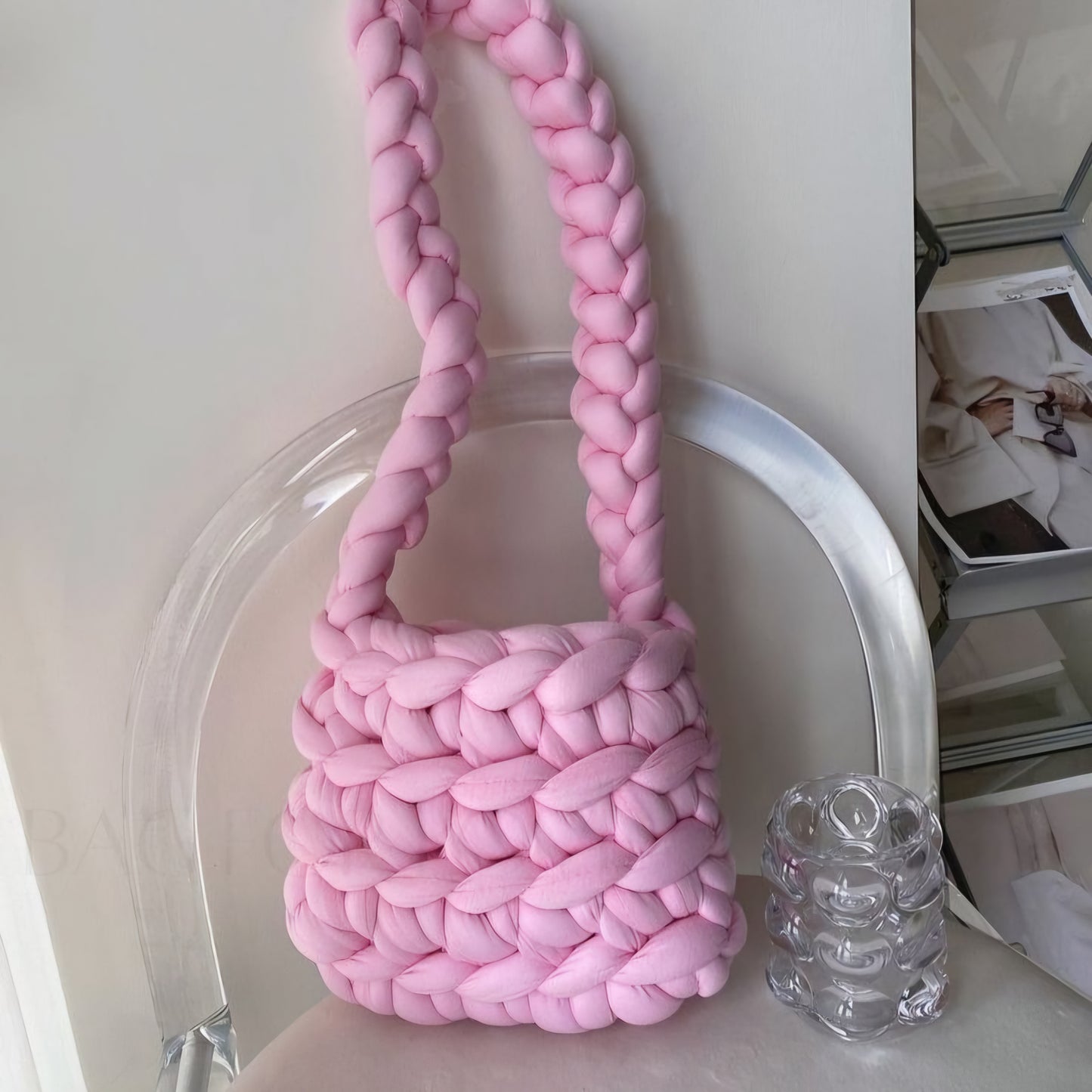 The Knitted Plush Sling Bag, Pink